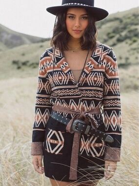 Rachel Zoe Cardigan Hooded Aztec Southwest Tribal Print Belted Sweater Boho S